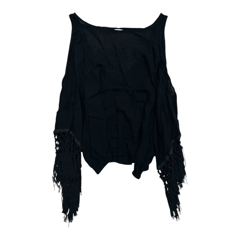 Anthropologie Monteau Los Angeles Black Boho Tassle Sleeve Blouse - Size Large - Picture 4 of 6